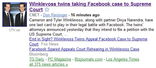 Winklevoss vs Facebook - found in sci/tech on google news